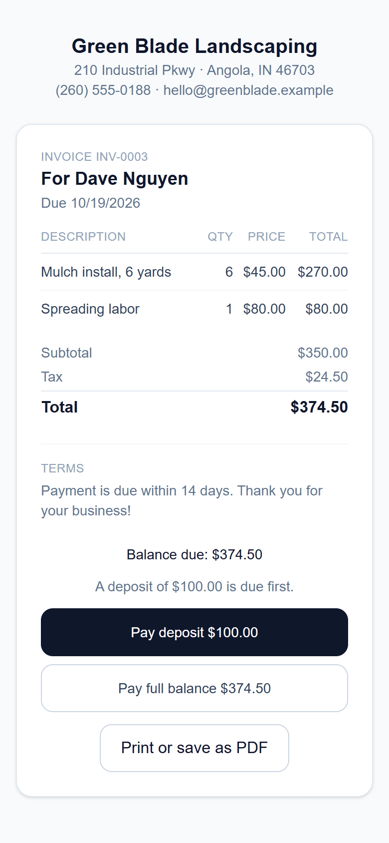 An invoice on a customer's phone.