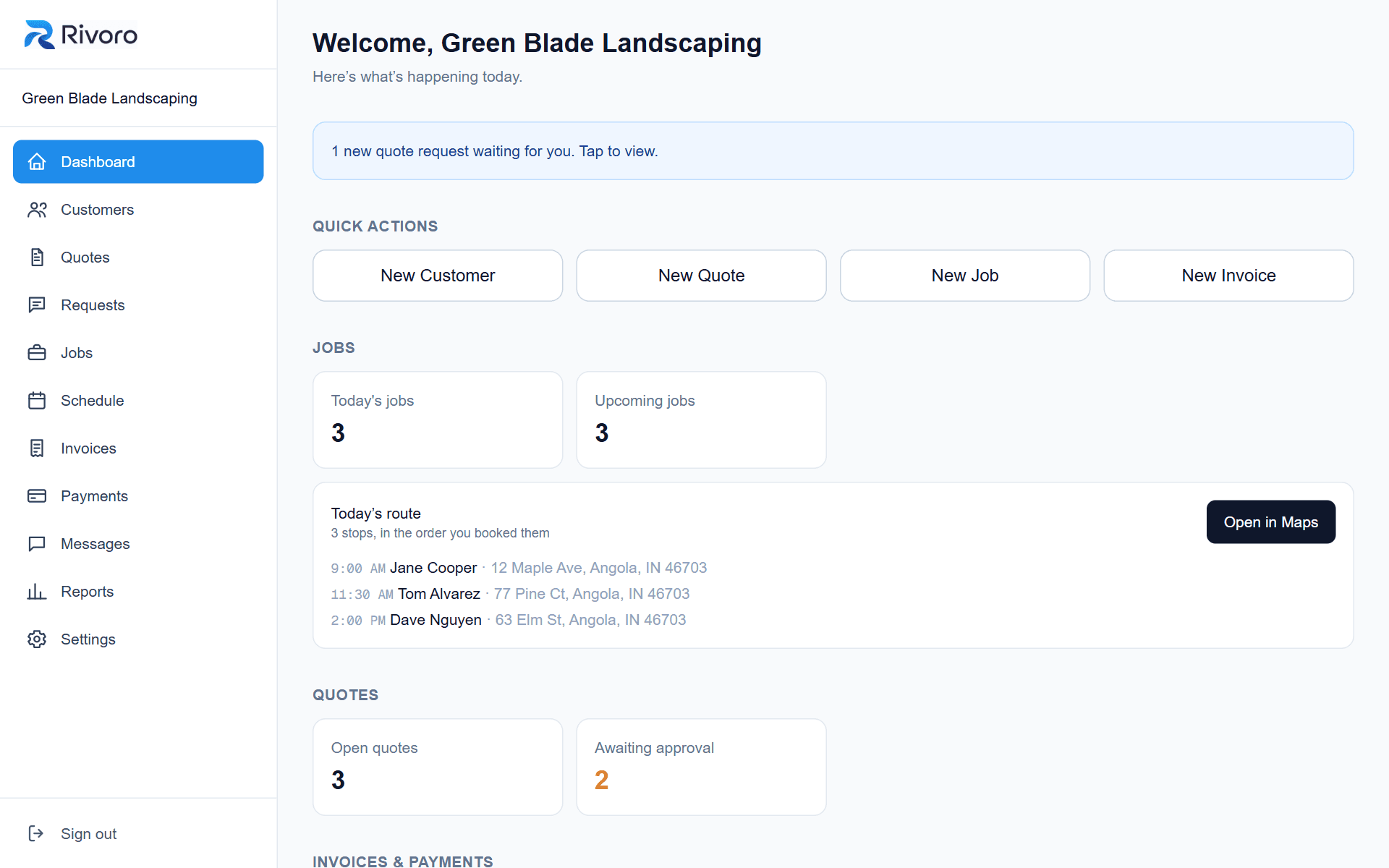 The Rivoro dashboard showing today's jobs, a route for the day, and open quotes.