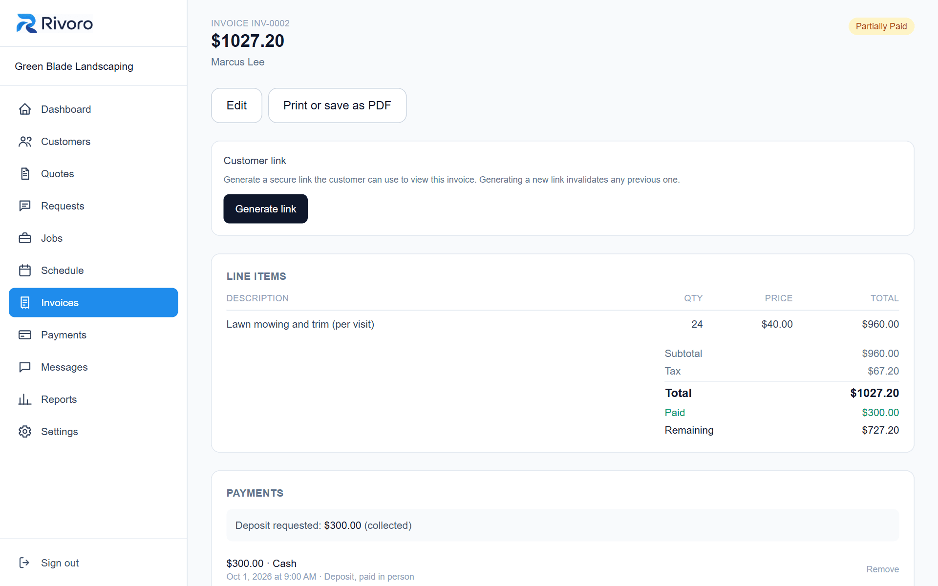 An invoice showing a $300 cash deposit collected and $727.20 remaining.