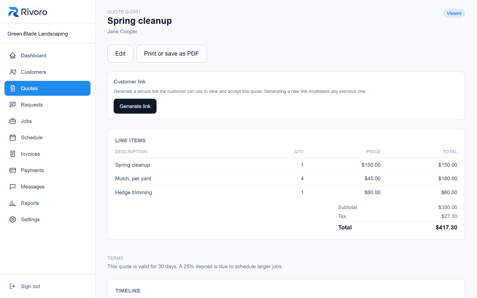 A quote for a spring cleanup with three line items, tax and a total of $417.30.