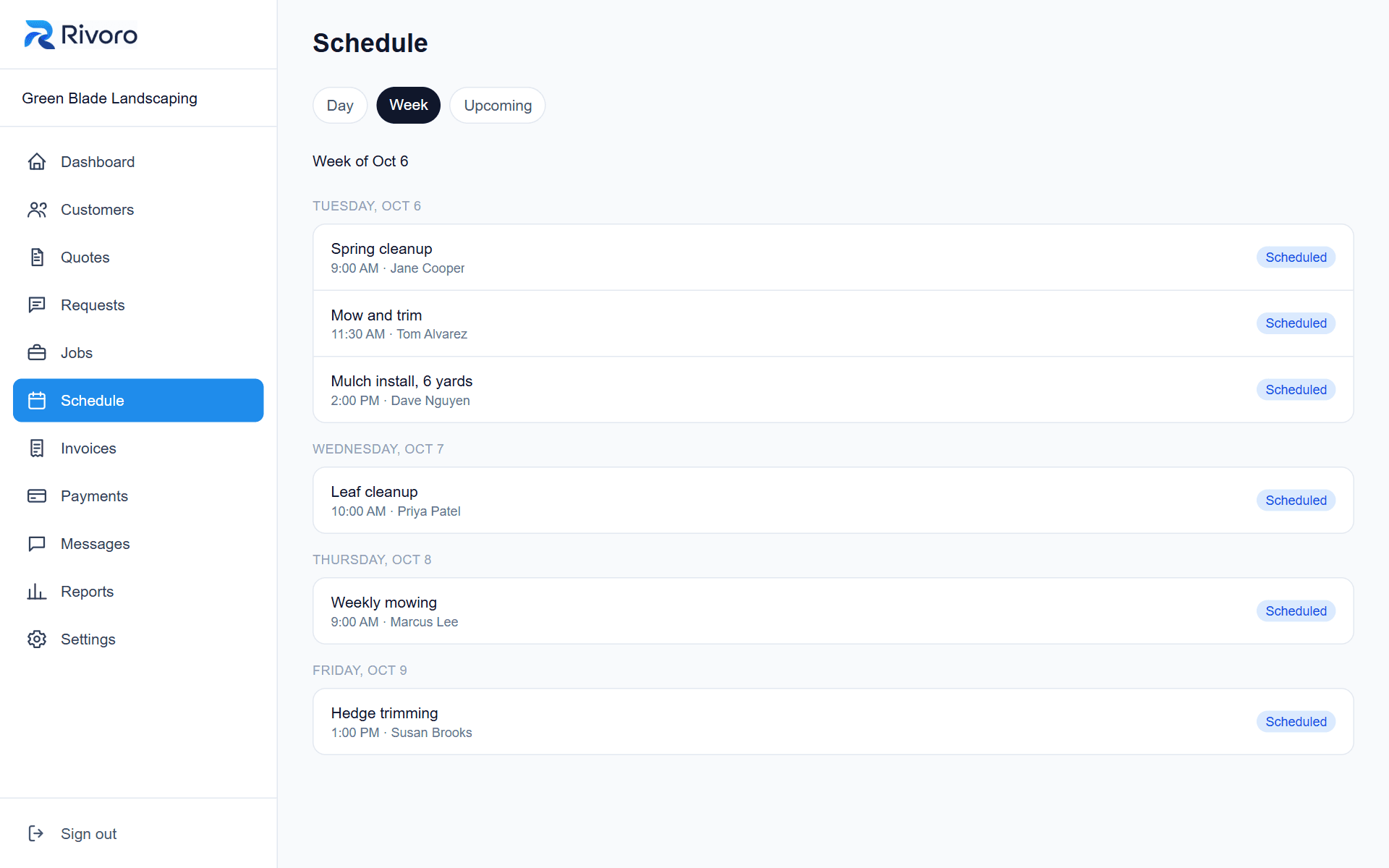 A weekly schedule of jobs with customer names and times.